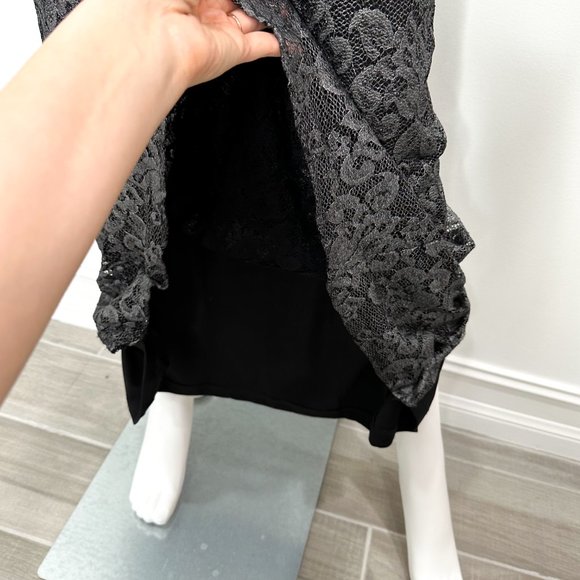 Belle Badgley Mischka Lace Overlay Back Slit Shimmer Maxi Dress Gown Black Sz 4 - Picture 9 of 16